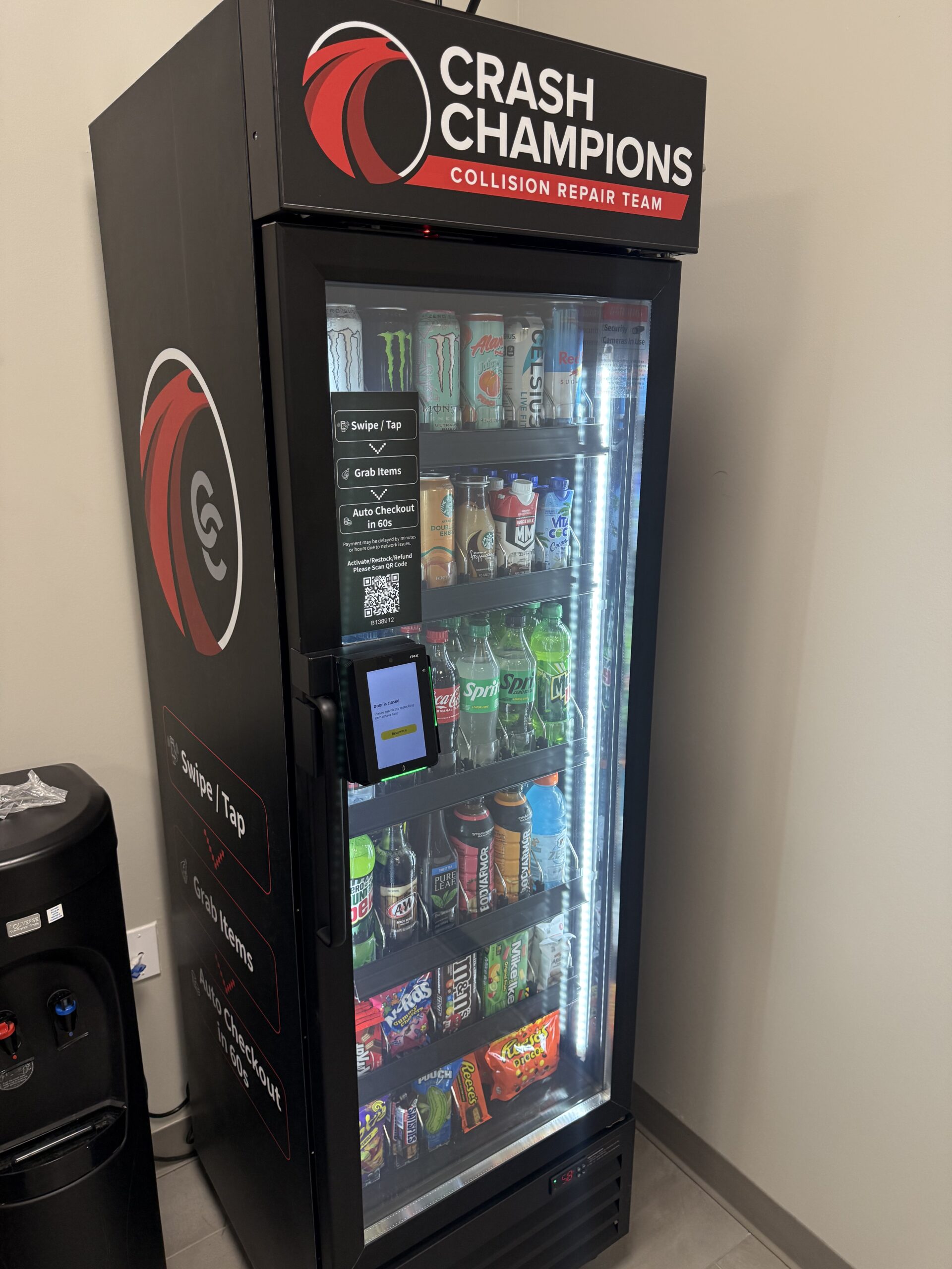 Crash Champions branded AI smart cooler with custom wrap and full product display